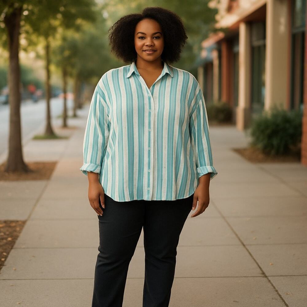 New with Tags Easel Plus Size 1X Green White Striped Button Down Top